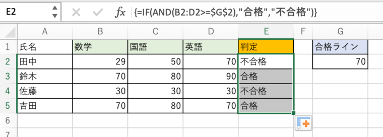 例）全てのテスト結果が70点以上だったら「合格」と判定_｛｝