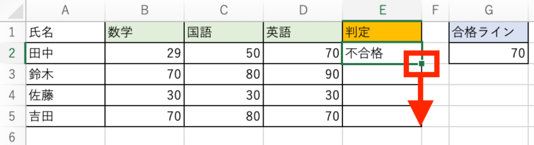 例）全てのテスト結果が70点以上だったら「合格」と判定_十字アイコン