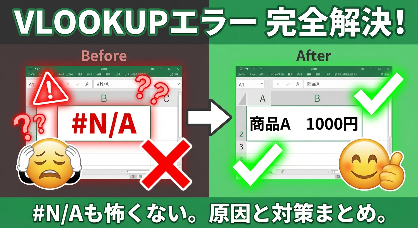 ExcelのVLOOKUPで#N/Aエラーが出る原因7つと対処法【データがあるのになぜ？】
