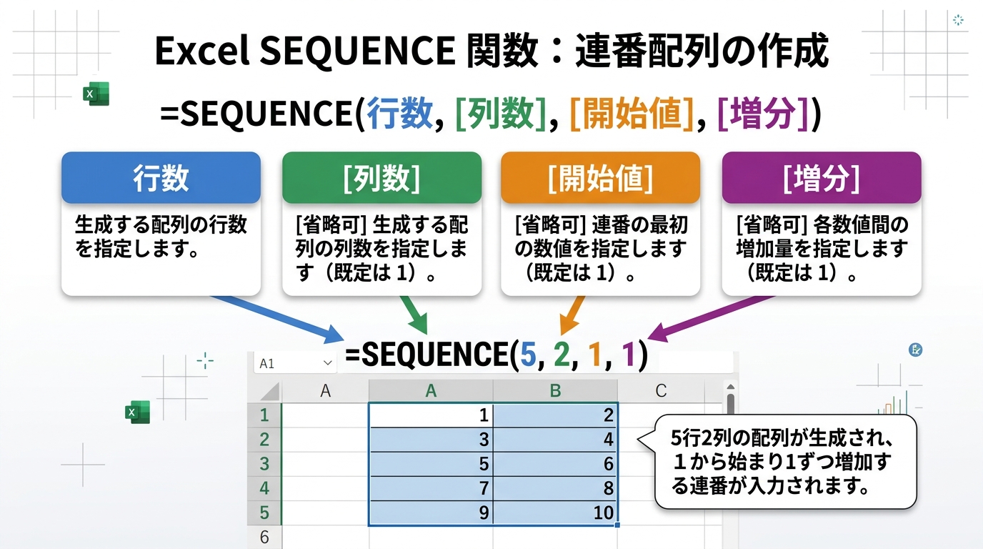 SEQUENCE関数の構文と4つの引数（行数・列数・開始値・増分）の解説図