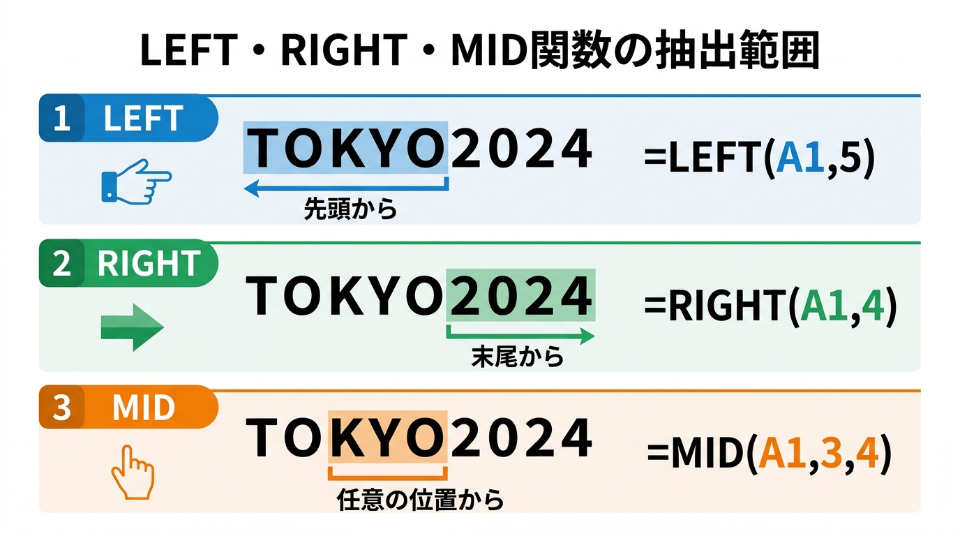 LEFT・RIGHT・MID関数の抽出範囲を色分けで比較した図解。LEFTは先頭から、RIGHTは末尾から、MIDは任意の位置から文字を抽出