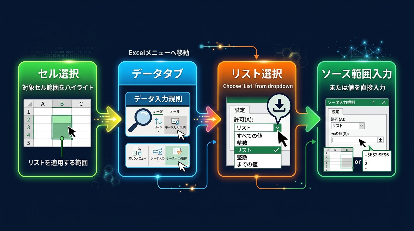 Excelデータの入力規則でプルダウンを設定する操作フロー図