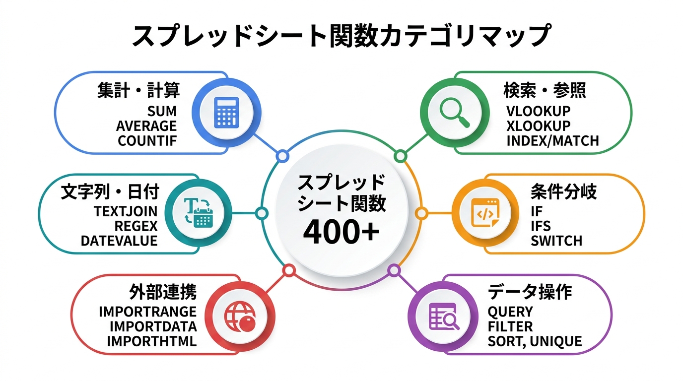 スプレッドシート関数のカテゴリマップ。集計・計算、検索・参照、条件分岐、データ操作、外部連携、文字列・日付の6カテゴリに分類された400以上の関数の全体像