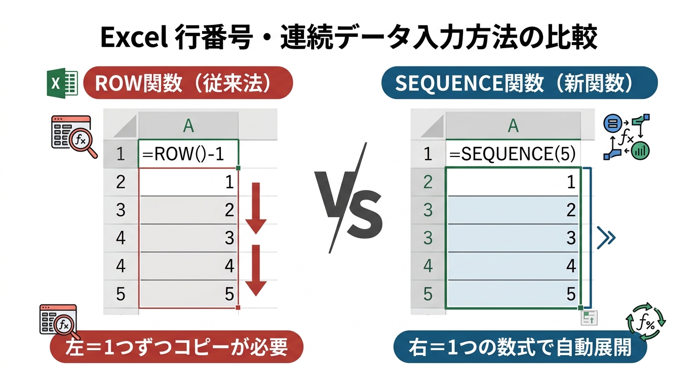 ROW関数（従来法）とSEQUENCE関数（新関数）の連番作成方法の比較図