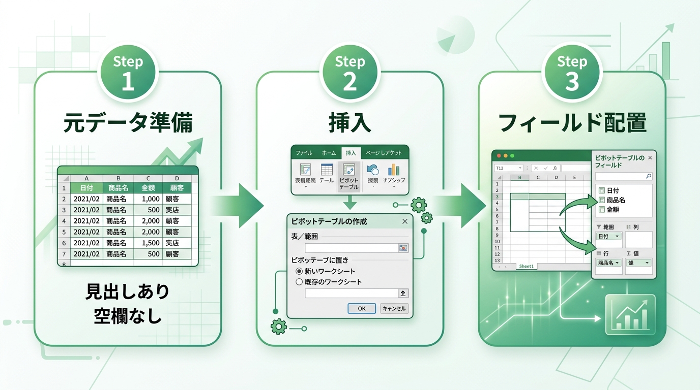 ピボットテーブル作成の3ステップ(元データ準備→挿入→フィールド配置)フロー図