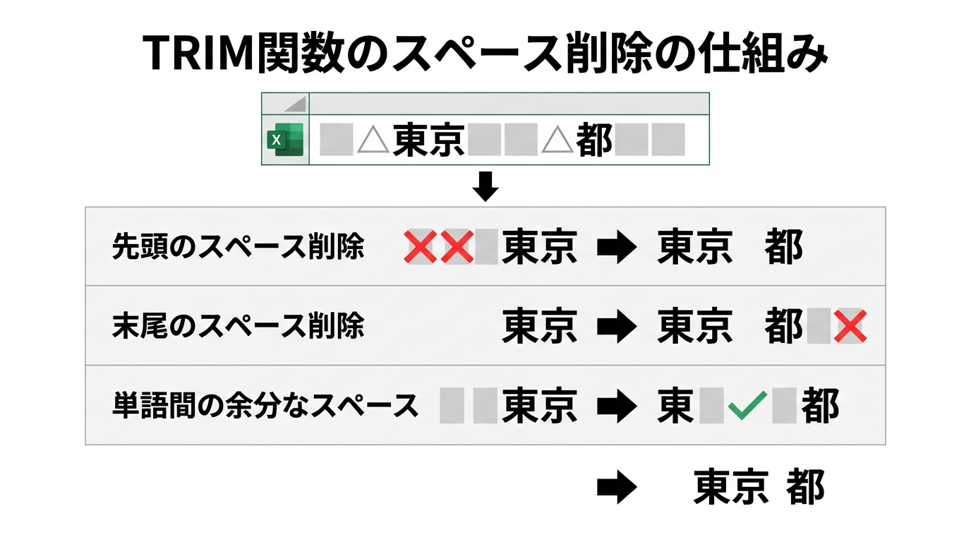 TRIM関数のスペース削除の仕組みを図解。先頭・末尾のスペース削除と単語間の余分なスペースを1つにまとめる動作を視覚的に説明