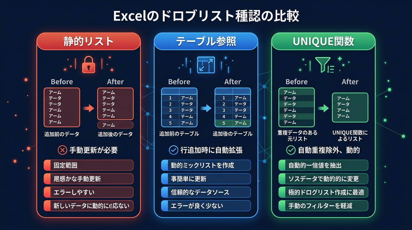静的リスト・テーブル化・UNIQUE関数の動的リスト比較図