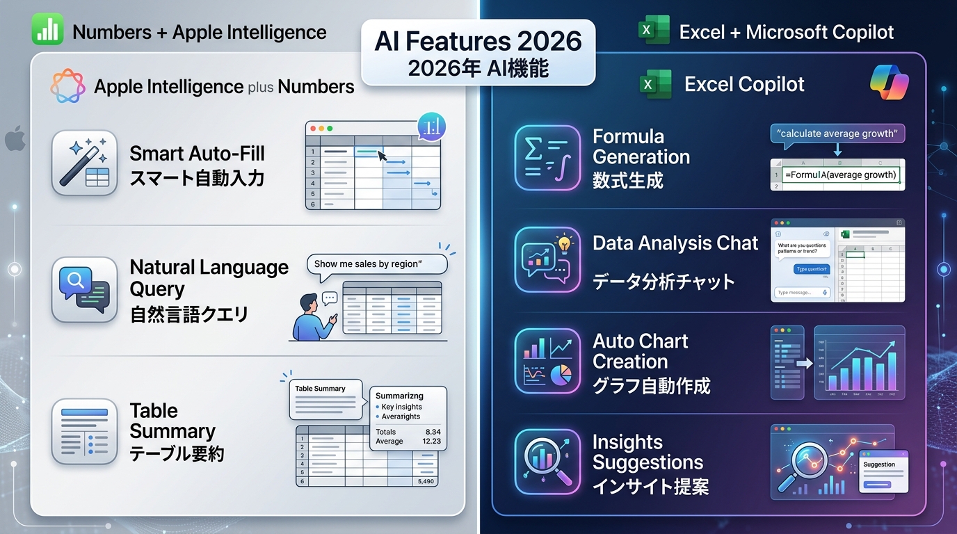 Apple Intelligence（Numbers）とExcel Copilot（Microsoft 365）の2026年AI機能比較図