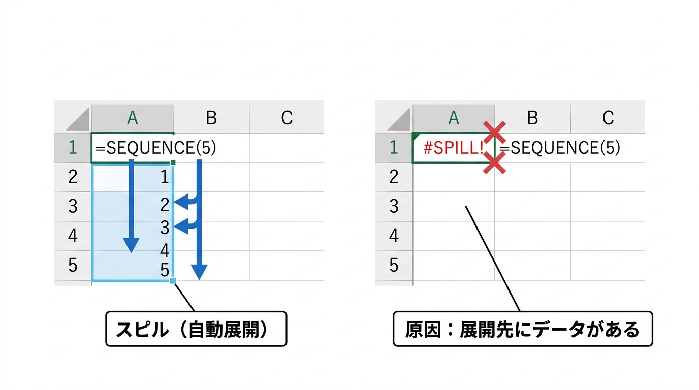 スピルの自動展開の仕組みとSPILLエラーの原因を示す図解
