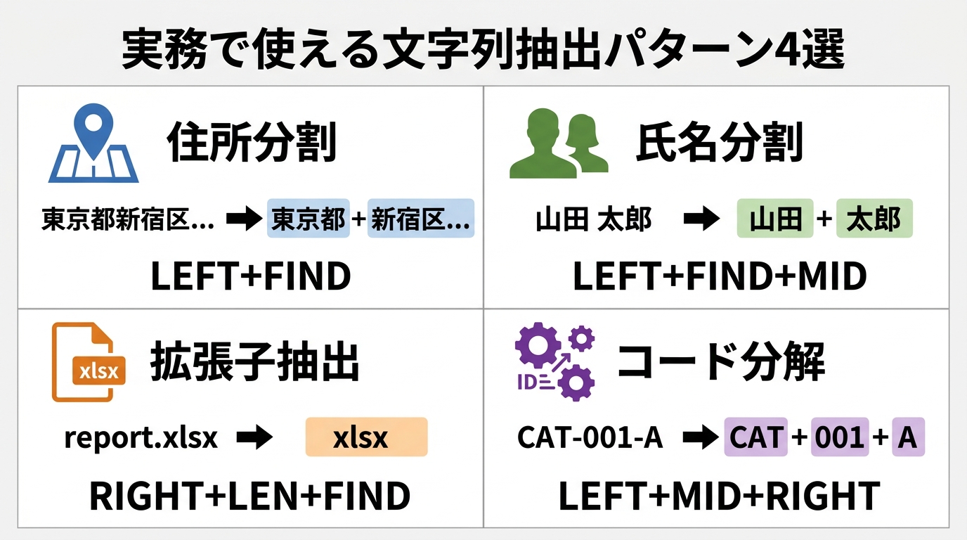 実務で使える文字列抽出パターン4選。住所分割・氏名分割・拡張子抽出・コード分解の各パターンと使用する関数の組み合わせ
