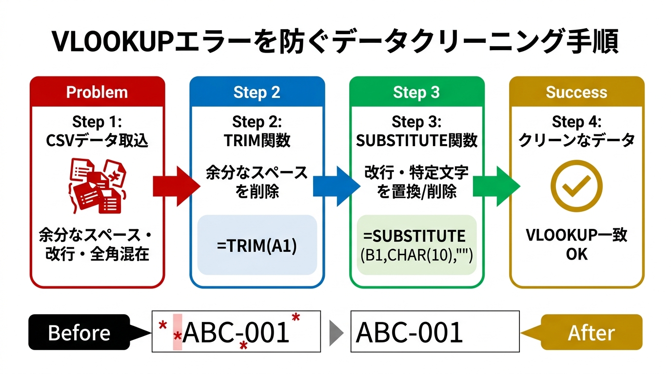 VLOOKUPエラーを防ぐデータクリーニング手順フロー図。CSVデータ取込からTRIM・SUBSTITUTE関数でクリーンなデータに整形する4ステップ