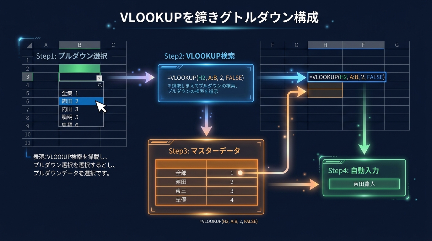 INDIRECT関数で2段連動プルダウンを作る仕組みのフロー図