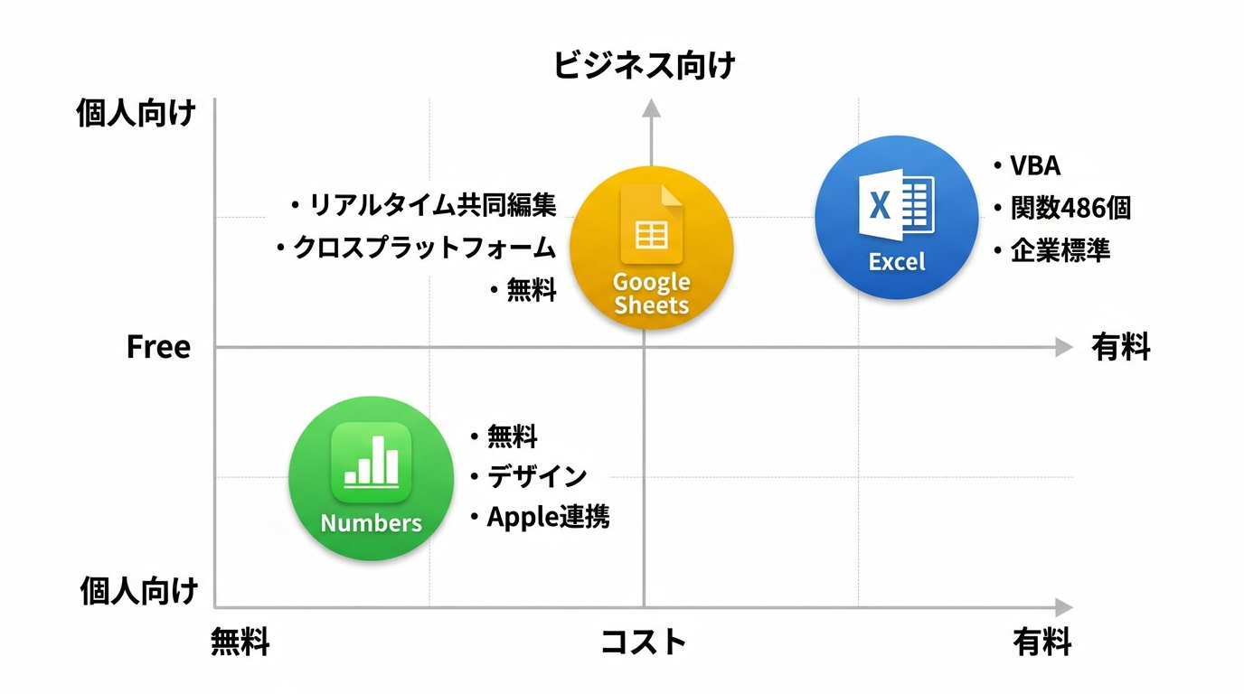Numbers・Excel・Googleスプレッドシートの3者ポジショニングマップ。価格軸と用途軸で3ソフトの位置づけを視覚化