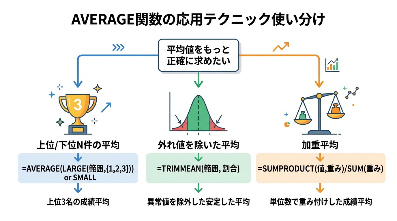 上位N件の平均(LARGE連携)・外れ値除外(TRIMMEAN)・加重平均(SUMPRODUCT)の3つの応用テクニックを使い分けるフロー図