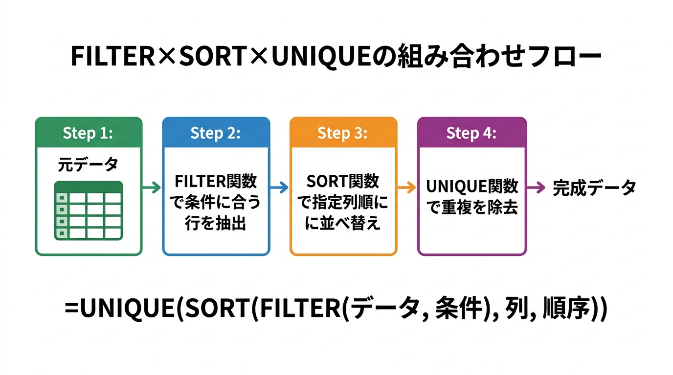 元データからFILTER関数で抽出しSORT関数で並べ替えUNIQUE関数で重複除去する4ステップのフロー図とネスト数式