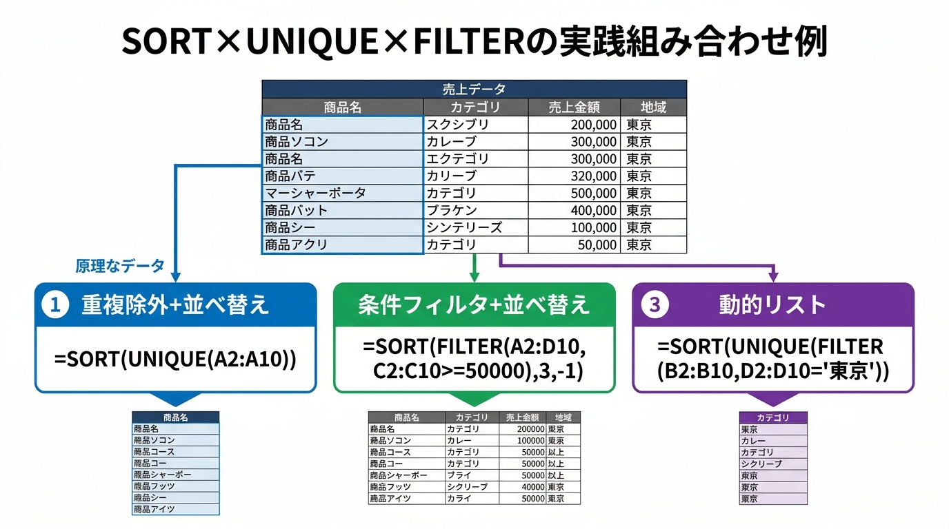 売上データを使ったSORT・UNIQUE・FILTER関数の3つの組み合わせパターンと結果プレビューを示した実践図解