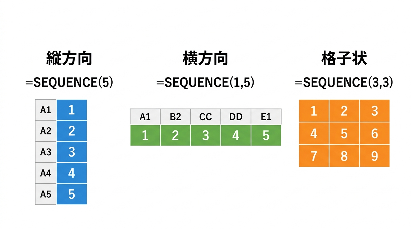 SEQUENCE関数の縦方向・横方向・格子状の3つの展開パターンを示す図解