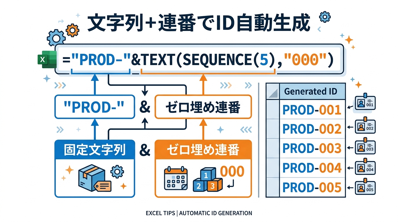 TEXTとSEQUENCE関数を組み合わせてPROD-001形式のIDを自動生成する図解