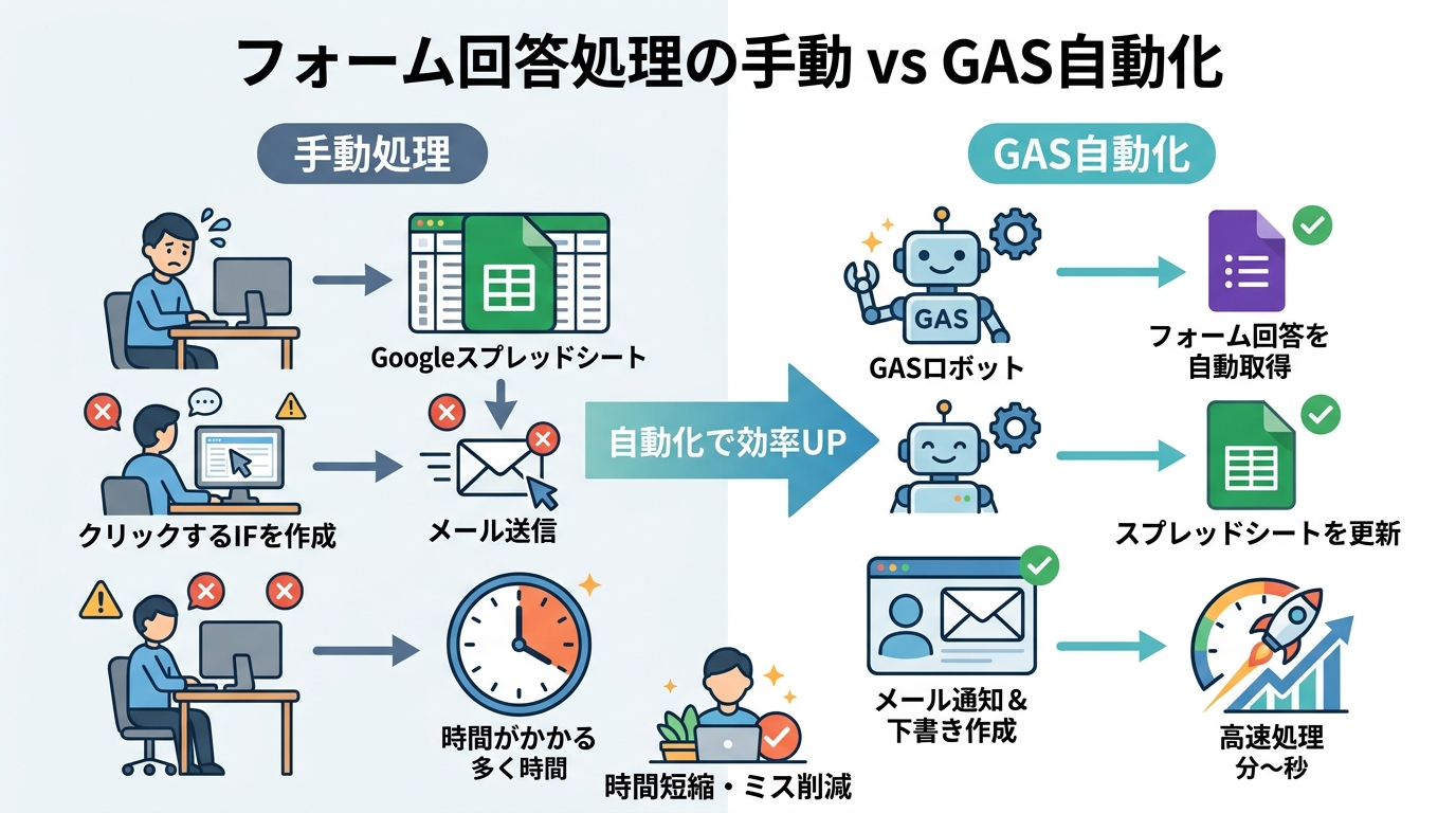 フォーム回答処理の手動作業とGAS自動化の比較図。GAS自動化で処理時間を大幅短縮