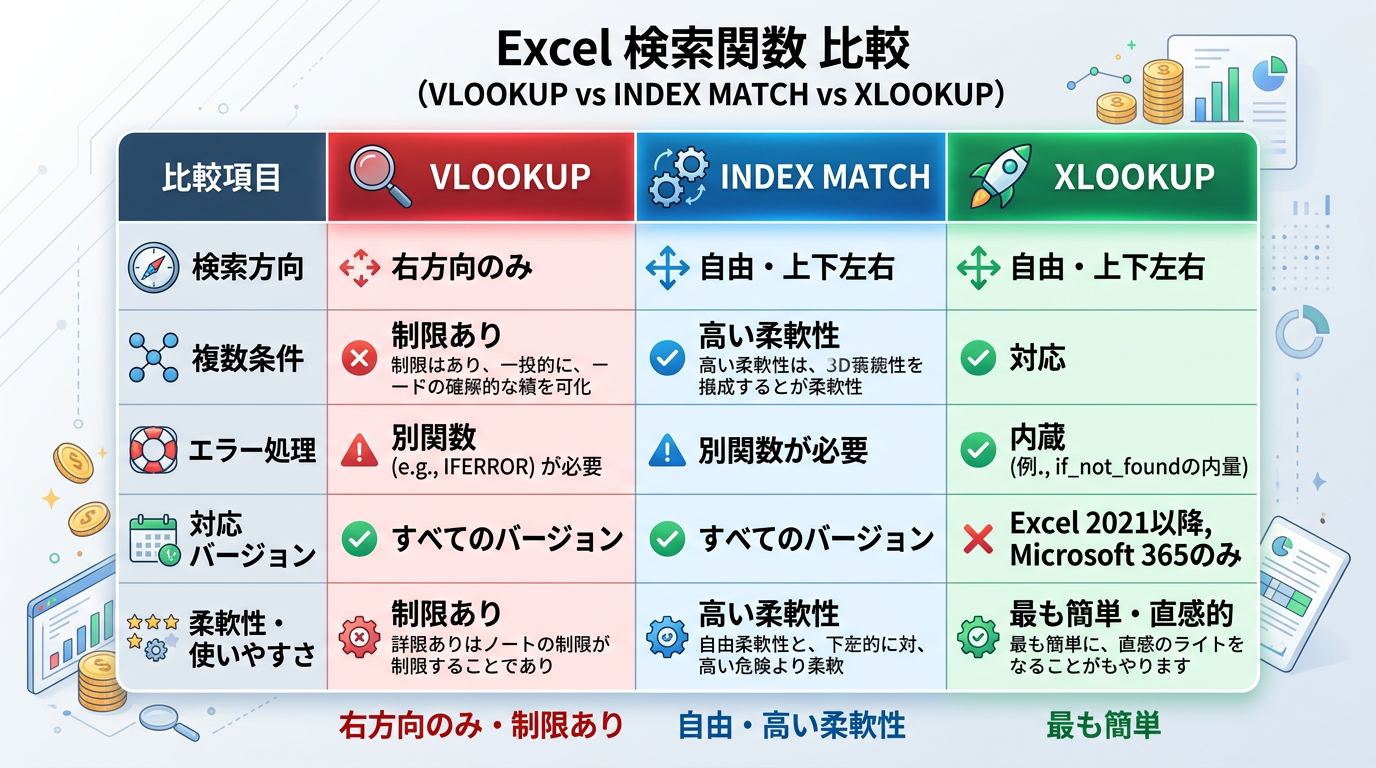 VLOOKUP、INDEX MATCH、XLOOKUPの機能比較表。検索方向、複数条件、エラー処理、対応バージョン、柔軟性を比較。