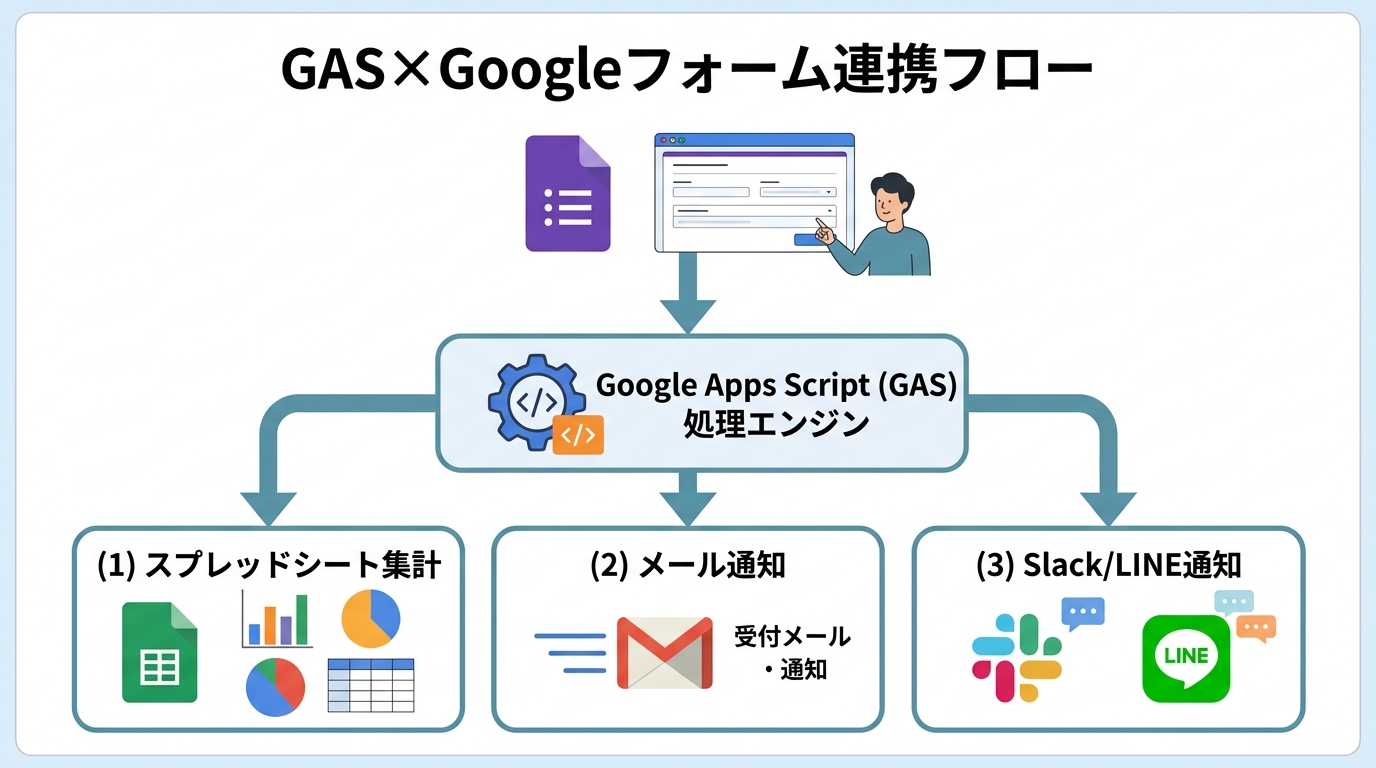 GAS×Googleフォーム連携フロー。フォーム送信からGAS処理を経て集計・通知・転記を自動化する流れ