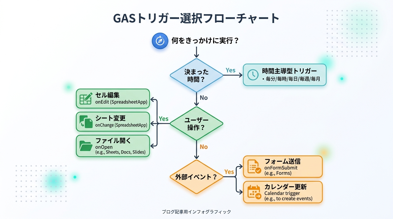 GASトリガー選択フローチャート。実行のきっかけに応じて最適なトリガータイプを選べる判定ツリー