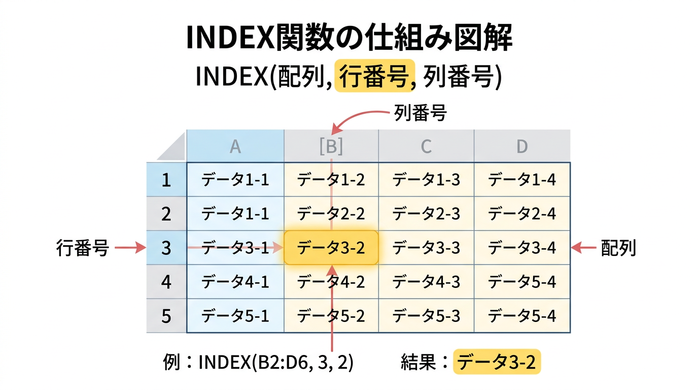 INDEX関数の仕組みを図解。配列の行番号と列番号が交差するセルの値を返す。