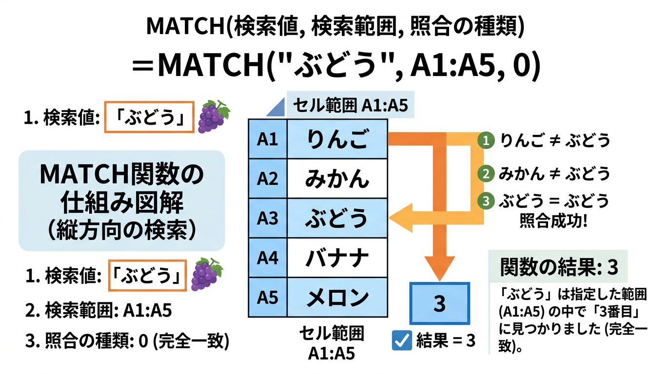 MATCH関数の仕組みを図解。検索値がセル範囲の何番目にあるかを返す。