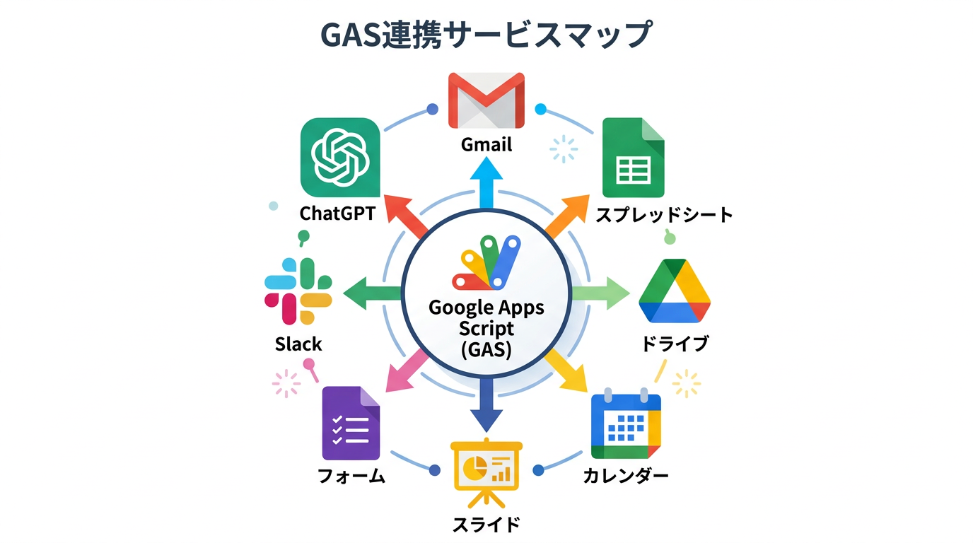 GAS（Google Apps Script）が連携できるGoogleサービスと外部APIの全体マップ図解