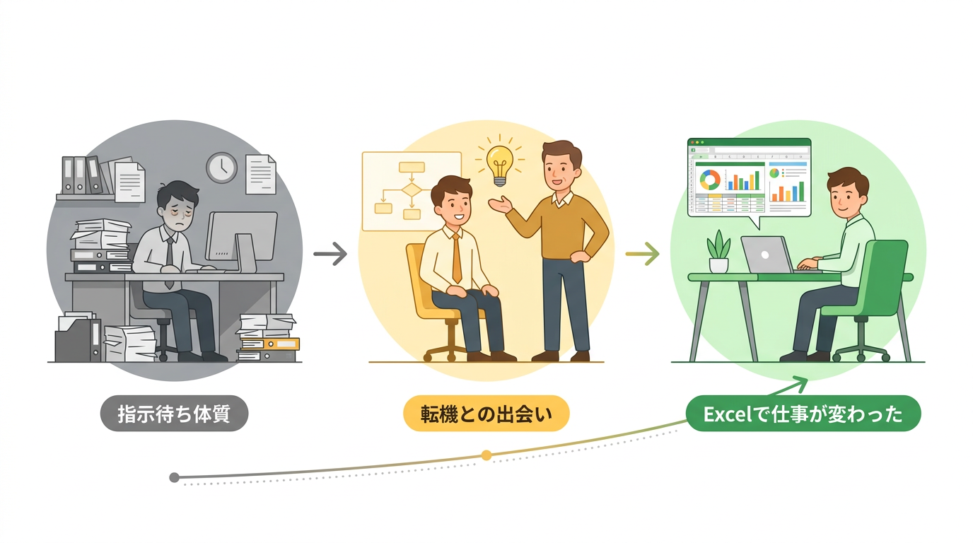 指示待ち体質から転機を経てExcelで仕事が変わるまでの成長イラスト