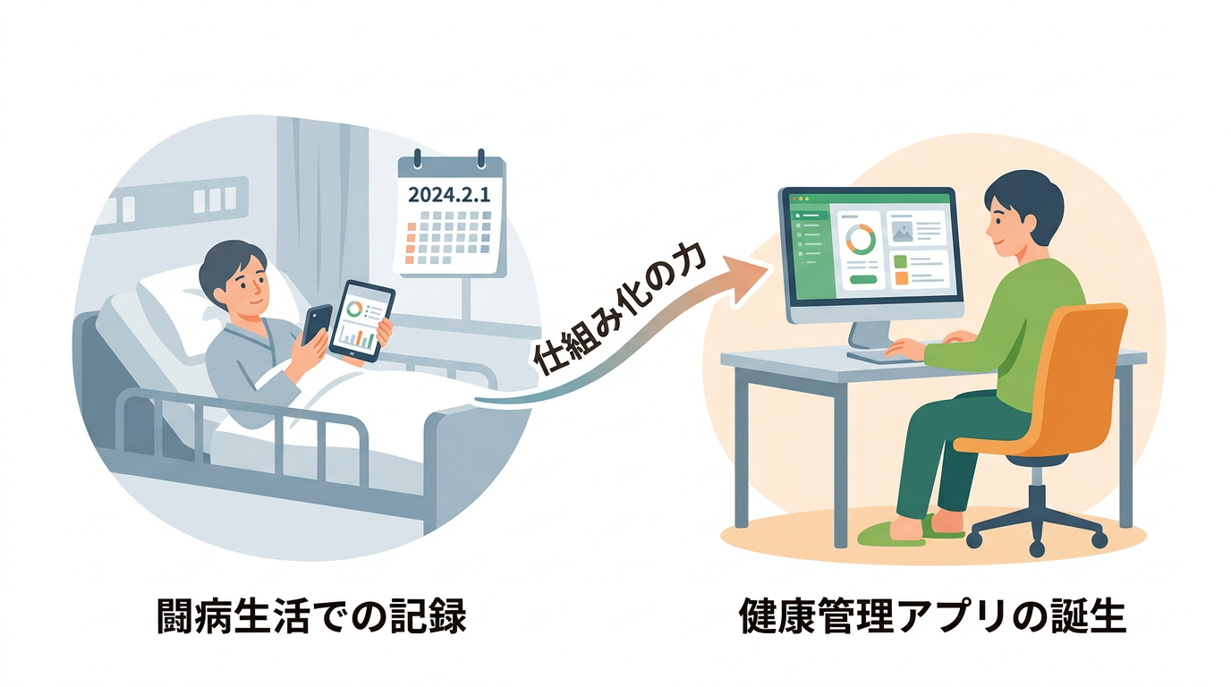 闘病生活での記録から健康管理アプリ誕生までのイラスト