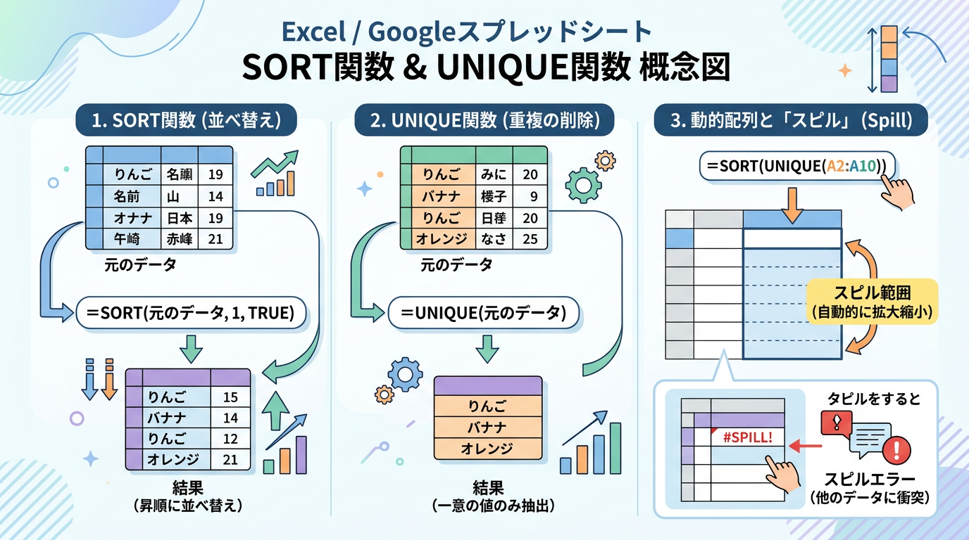 ExcelのSORT・UNIQUE関数｜並べ替え・重複削除・VBA自動化