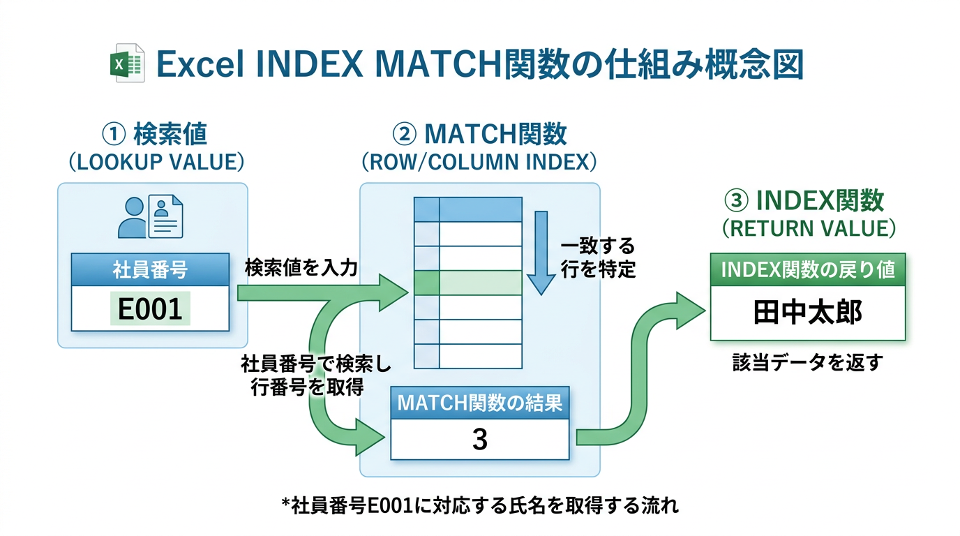 ExcelのINDEX MATCH関数｜使い方・VLOOKUP比較・VBA自動化