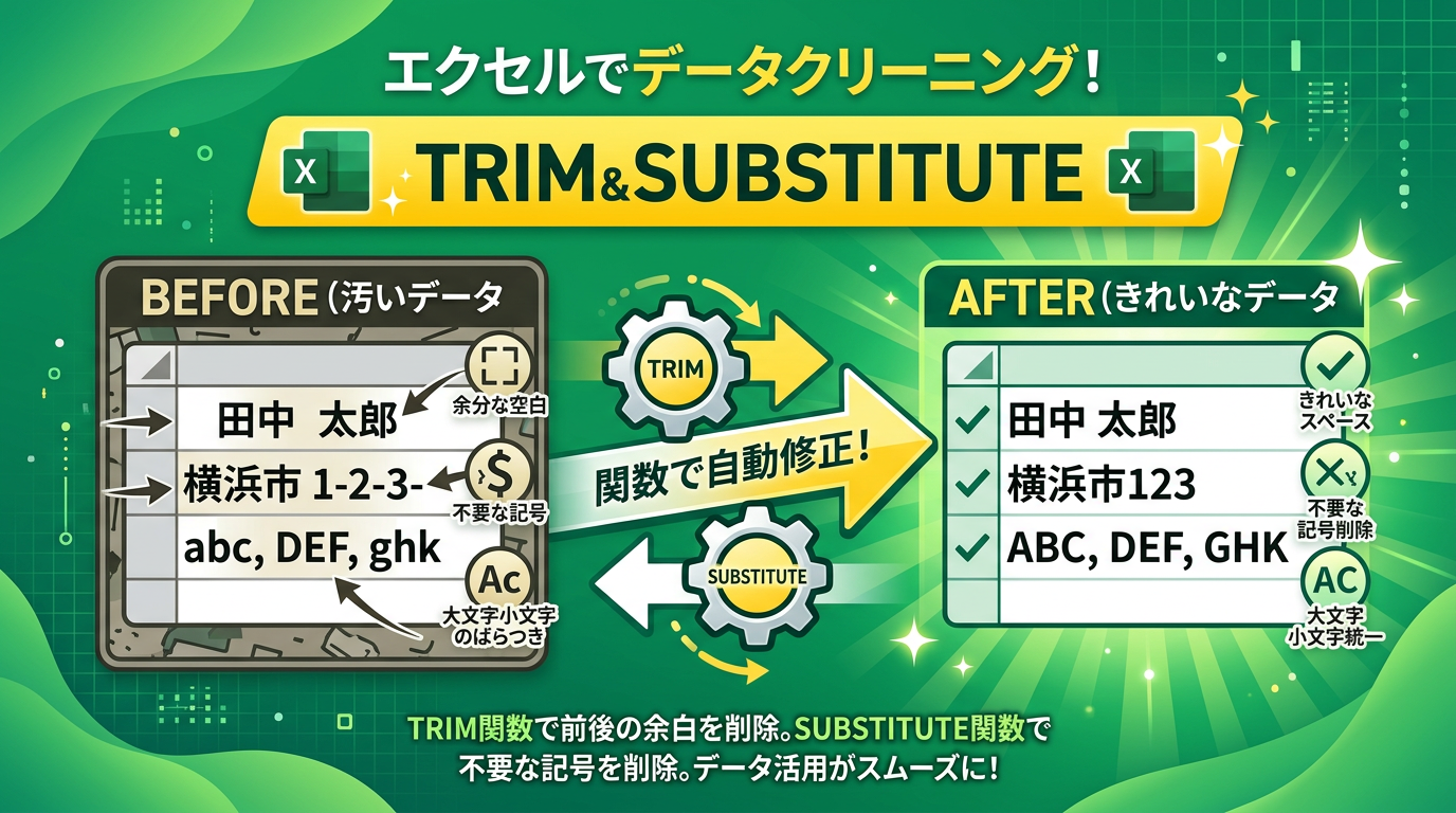 ExcelのTRIM・SUBSTITUTE関数｜スペース削除と文字列置換の使い方