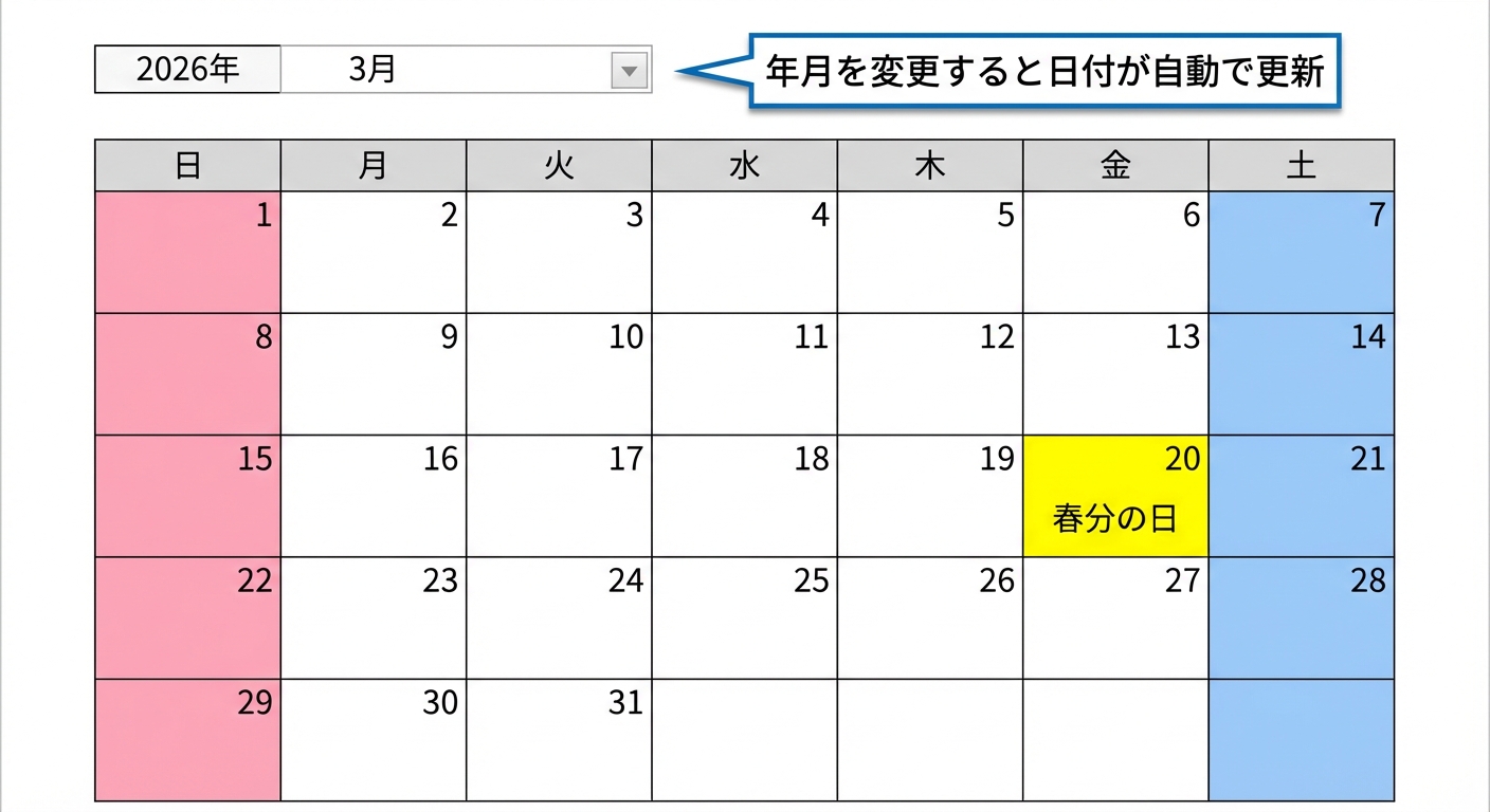 Excel万年カレンダーの完成イメージ（年月入力・日付自動・土日祝色分け）