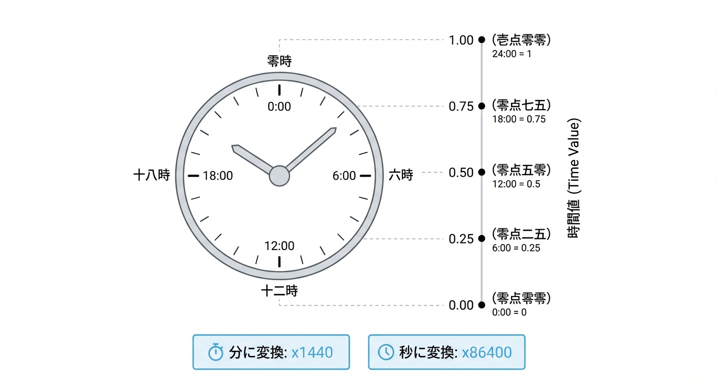 Excelの時間シリアル値の仕組み（1日=1、12時間=0.5）