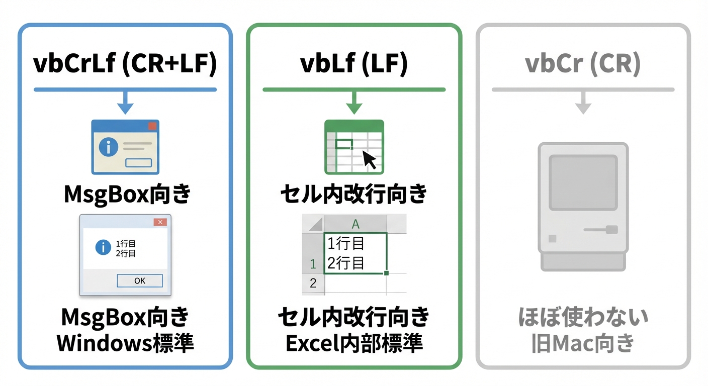 VBA改行コード3種（vbCrLf・vbLf・vbCr）の使い分け図